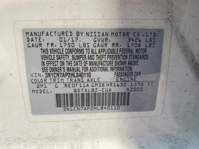 60566656 :رقم المزاد ، 3N1CN7AP2HL840110 vin ، 2017 Nissan Versa مزاد بيع