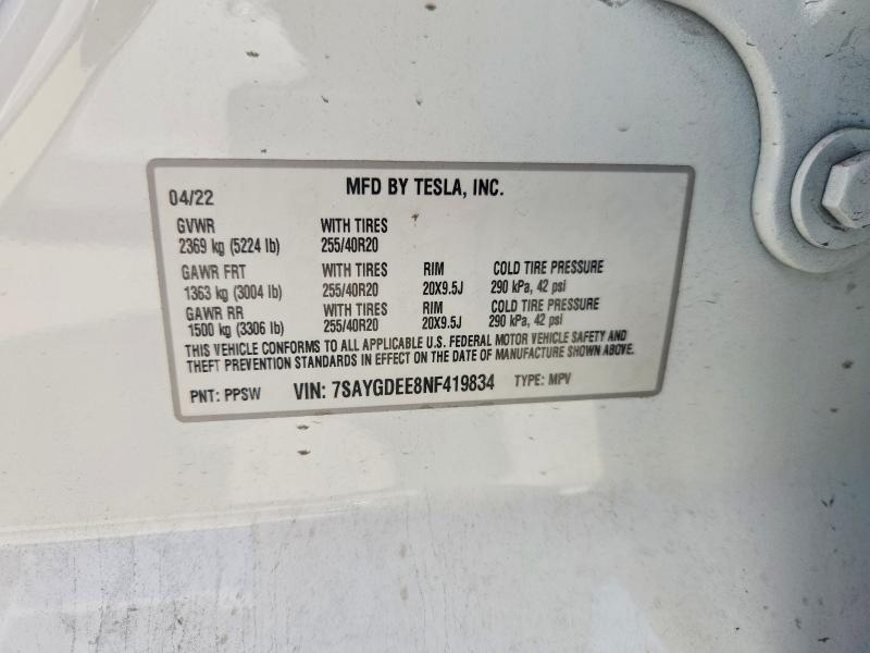Aukcja sprzedaży 2022 Tesla Model Y, vin: 7SAYGDEE8NF419834, numer aukcji: 60505876