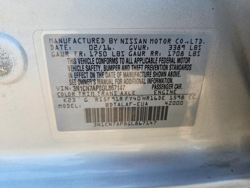 60521236 :رقم المزاد ، 3N1CN7AP8GL867147 vin ، 2016 Nissan Versa مزاد بيع