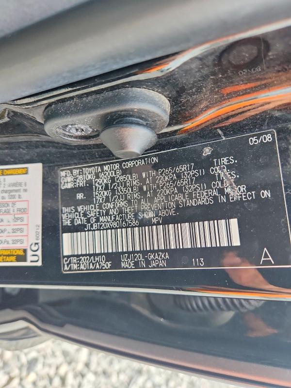 Aukcja sprzedaży 2008 Lexus Gx, vin: JTJBT20X980167586, numer aukcji: 61517946