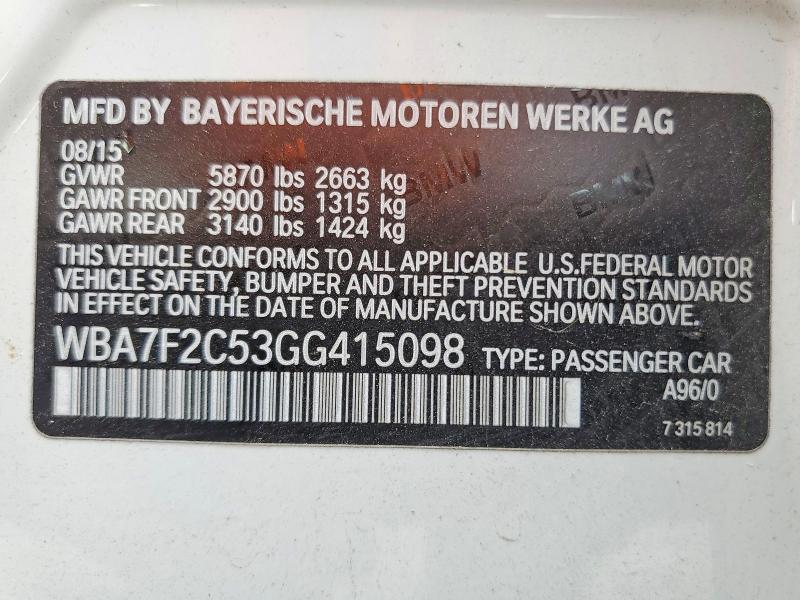 61810616 :رقم المزاد ، WBA7F2C53GG415098 vin ، 2016 Bmw 750 مزاد بيع