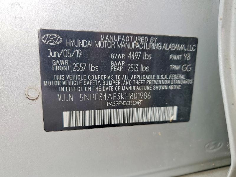 2019 Hyundai Sonata მანქანა იყიდება აუქციონზე, vin: 5NPE34AF3KH801986, აუქციონის ნომერი: 60676046
