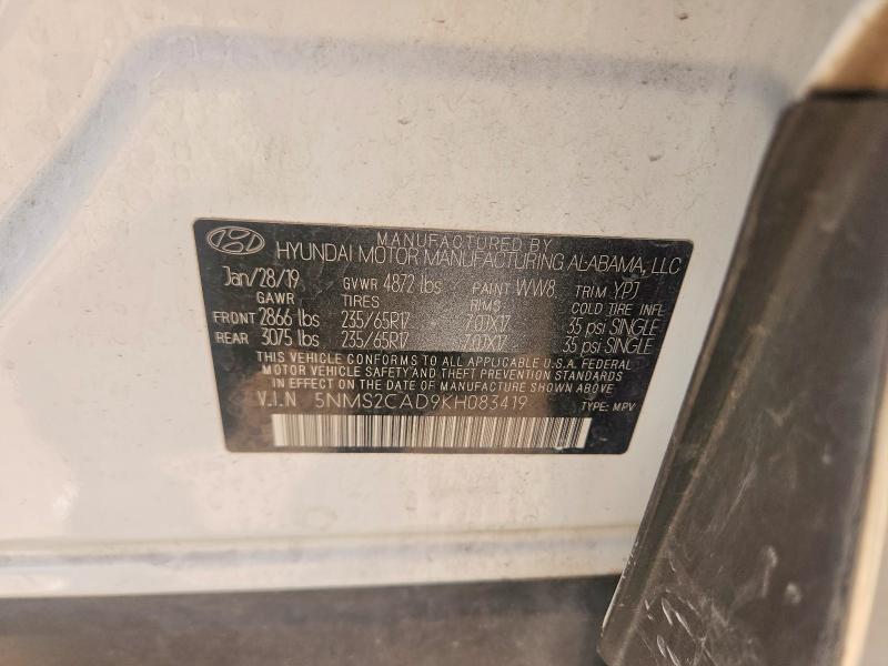 Продаж на аукціоні авто 2019 Hyundai Santa Fe, vin: 5NMS2CAD9KH083419, номер лоту: 63463416