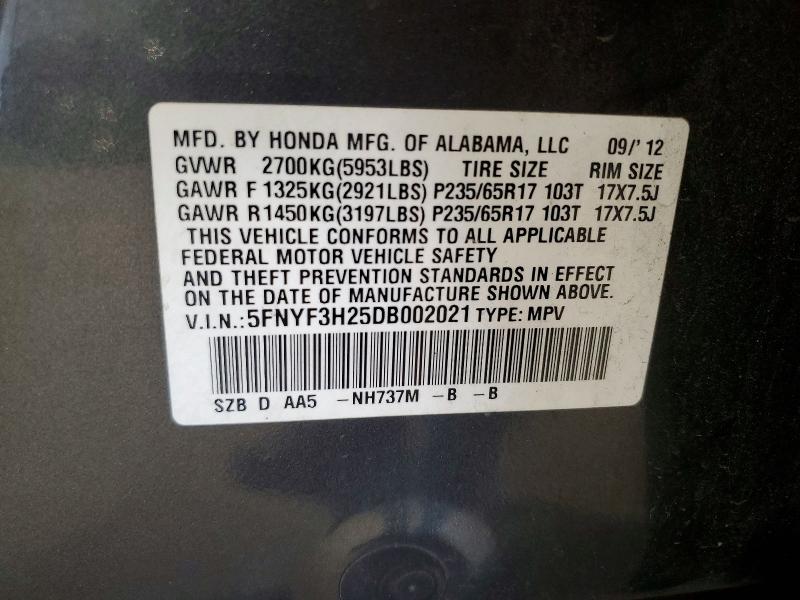 2013 Honda Pilot მანქანა იყიდება აუქციონზე, vin: 5FNYF3H25DB002021, აუქციონის ნომერი: 60891506