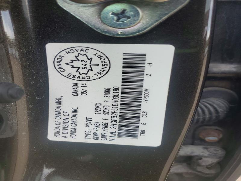 60115636 :رقم المزاد ، 2HGFB2F51EH030180 vin ، 2014 Honda Civic مزاد بيع