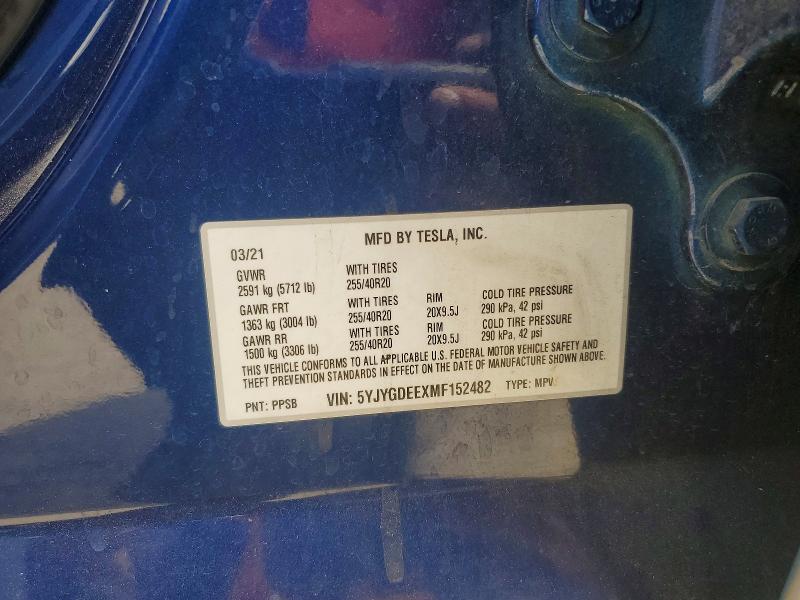 2021 Tesla Model Y მანქანა იყიდება აუქციონზე, vin: 5YJYGDEEXMF152482, აუქციონის ნომერი: 61060956