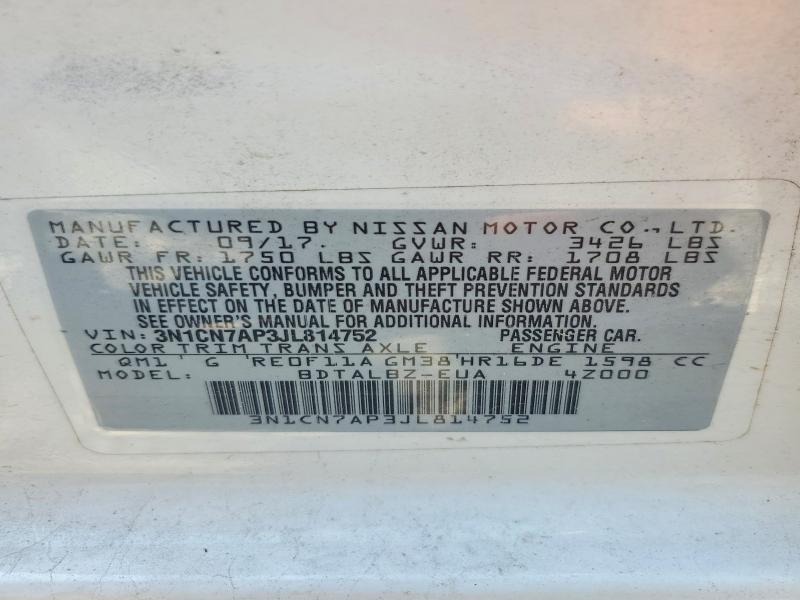 Продаж на аукціоні авто 2018 Nissan Versa, vin: 3N1CN7AP3JL814752, номер лоту: 62747286