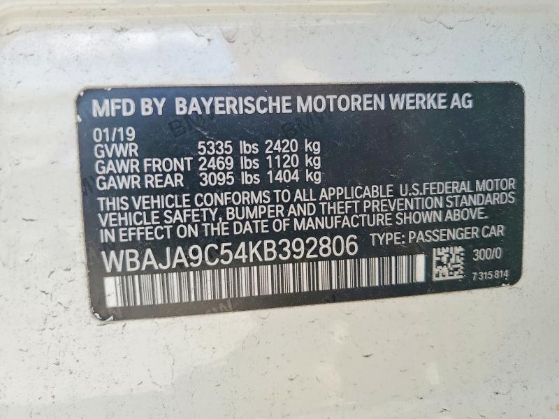 2019 Bmw 530e მანქანა იყიდება აუქციონზე, vin: WBAJA9C54KB392806, აუქციონის ნომერი: 62105286