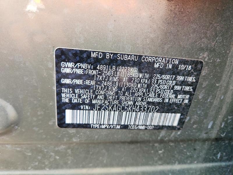 2019 Subaru Forester მანქანა იყიდება აუქციონზე, vin: JF2SKAGC5KH433702, აუქციონის ნომერი: 59682826