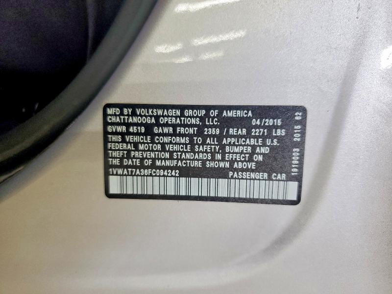 2015 Volkswagen Passat მანქანა იყიდება აუქციონზე, vin: 1VWAT7A36FC094242, აუქციონის ნომერი: 62099976