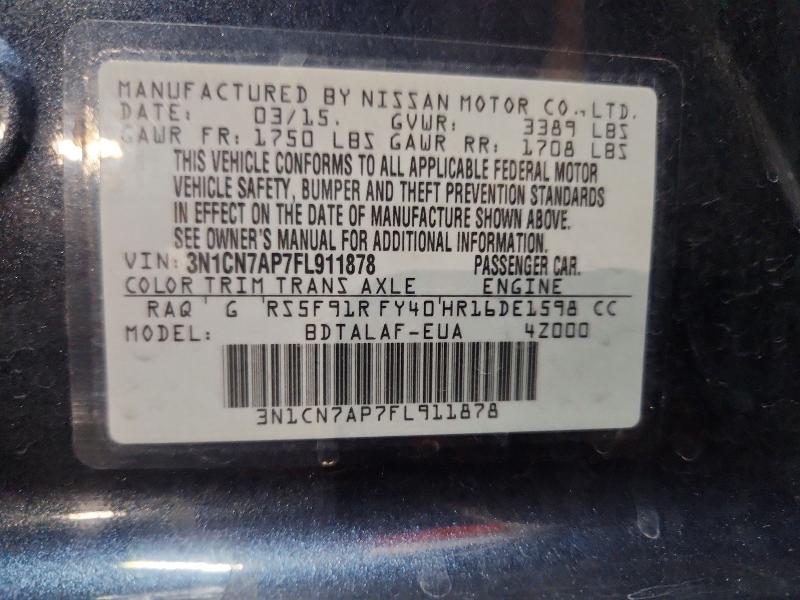 Продаж на аукціоні авто 2015 Nissan Versa, vin: 3N1CN7AP7FL911878, номер лоту: 62880936