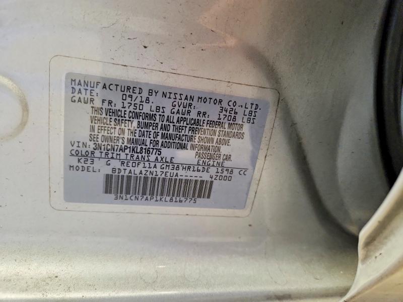 Aukcja sprzedaży 2019 Nissan Versa, vin: 3N1CN7AP1KL816775, numer aukcji: 59707886
