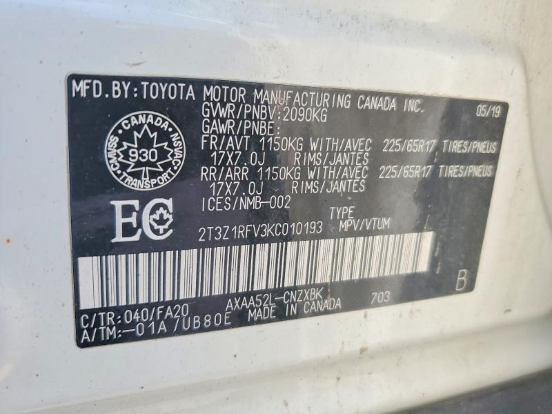 Продаж на аукціоні авто 2019 Toyota Rav4, vin: 2T3Z1RFV3KC010193, номер лоту: 61233786