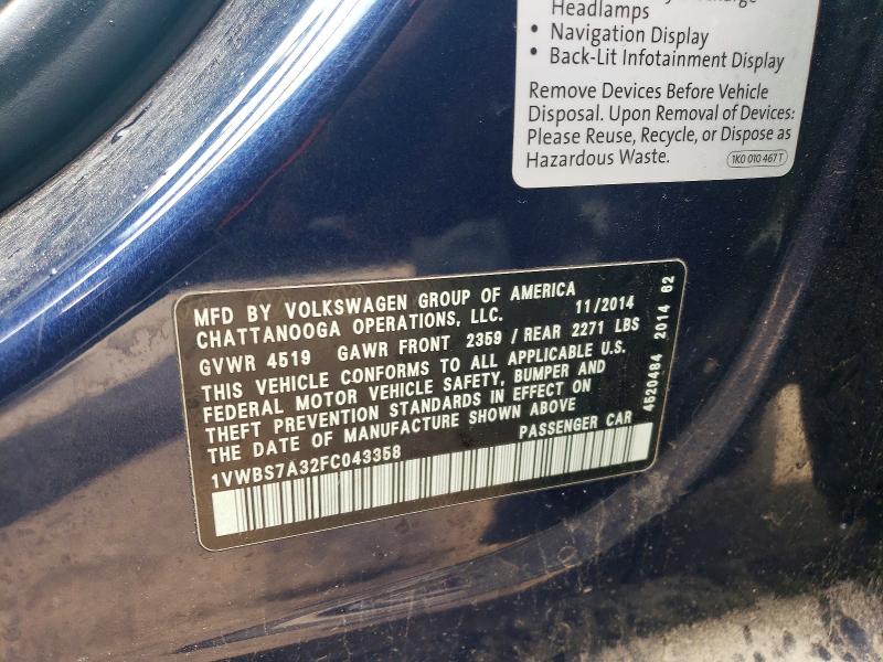 Aukcja sprzedaży 2015 Volkswagen Passat, vin: 1VWBS7A32FC043358, numer aukcji: 62405446