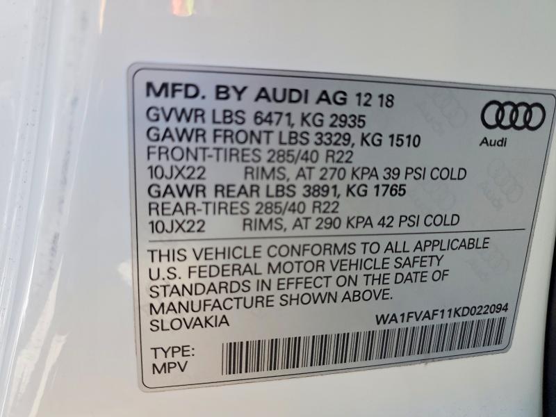 Продажа на аукционе авто 2019 Audi Q8, vin: WA1FVAF11KD022094, номер лота: 60455656