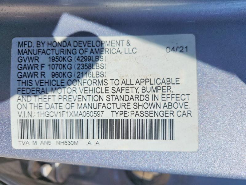 Продажа на аукционе авто 2021 Honda Accord, vin: 1HGCV1F1XMA060597, номер лота: 60995056