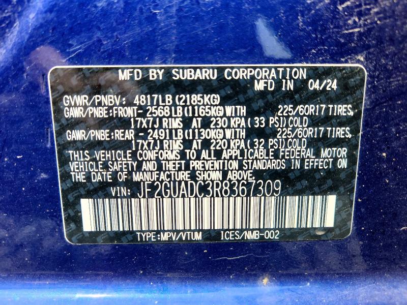 Продажа на аукционе авто 2024 Subaru Crosstrek, vin: JF2GUADC3R8367309, номер лота: 62156076