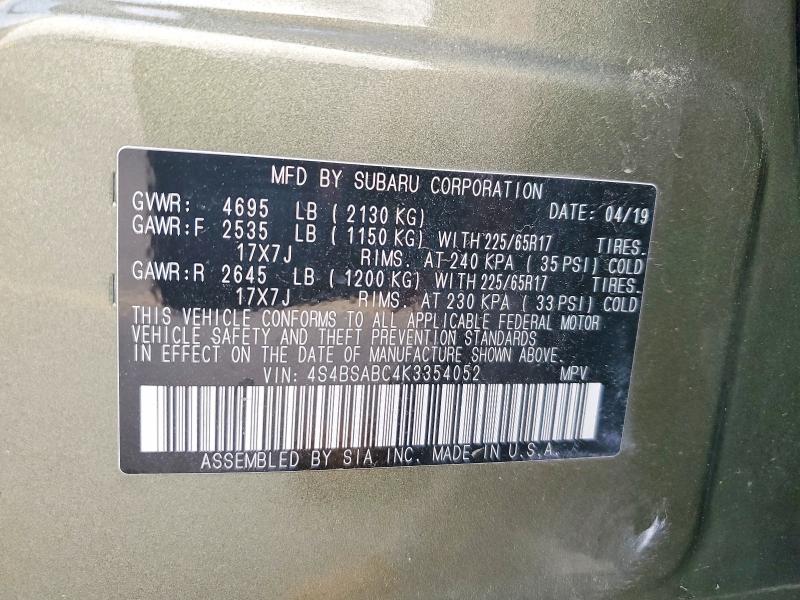 61729386 :رقم المزاد ، 4S4BSABC4K3354052 vin ، 2019 Subaru Outback مزاد بيع