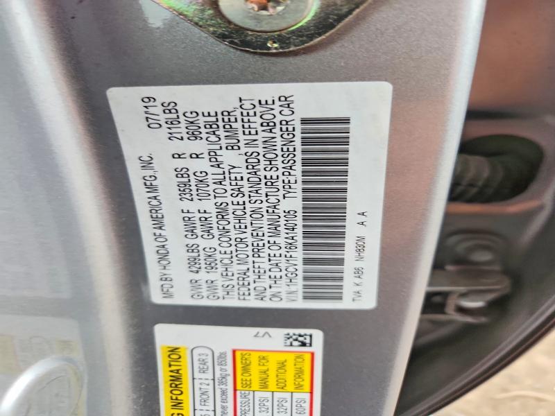 62311966 :رقم المزاد ، 1HGCV1F16KA140105 vin ، 2019 Honda Accord مزاد بيع