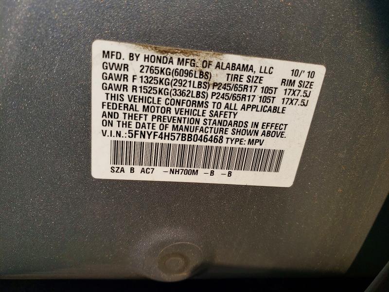 59359506 :رقم المزاد ، 5FNYF4H57BB046468 vin ، 2011 Honda Pilot مزاد بيع