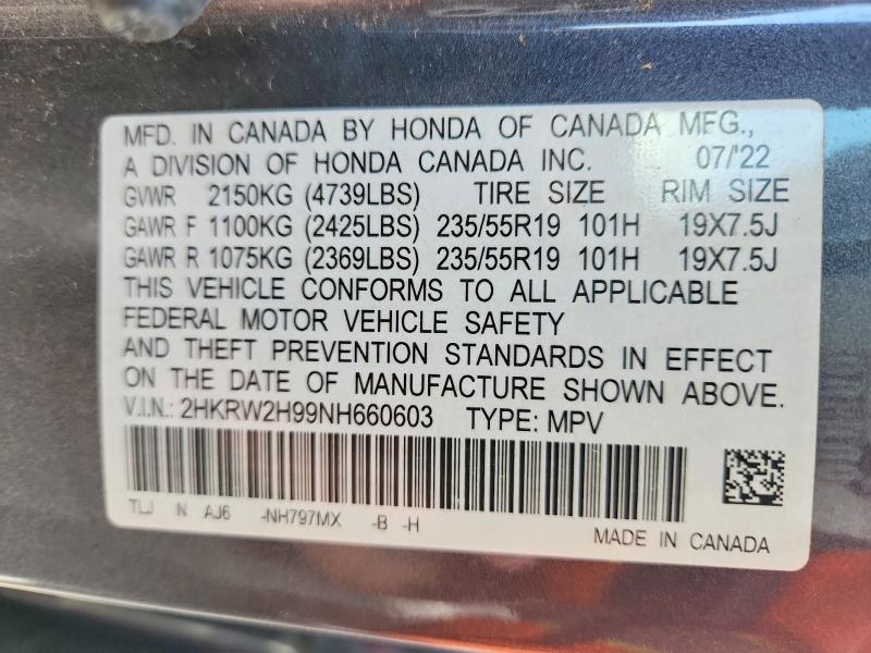 59322276 :رقم المزاد ، 2HKRW2H99NH660603 vin ، 2022 Honda Cr-v مزاد بيع