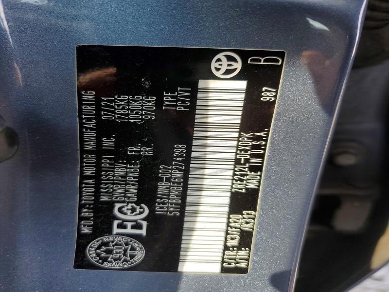 2022 Toyota Corolla მანქანა იყიდება აუქციონზე, vin: 5YFBPMBE6NP274398, აუქციონის ნომერი: 55975196