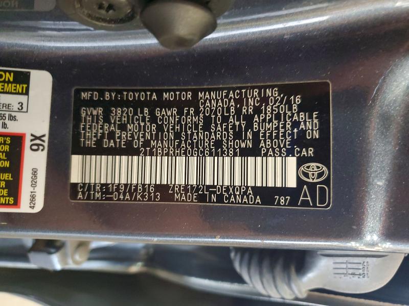 60326356 :رقم المزاد ، 2T1BPRHE0GC611381 vin ، 2016 Toyota Corolla مزاد بيع