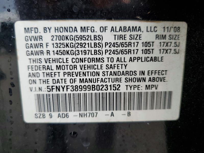 Продажа на аукционе авто 2009 Honda Pilot, vin: 5FNYF38999B023152, номер лота: 62754946
