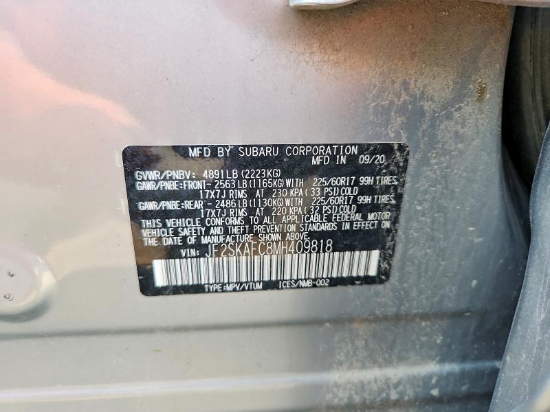2021 Subaru Forester მანქანა იყიდება აუქციონზე, vin: JF2SKAFC8MH409818, აუქციონის ნომერი: 62403596