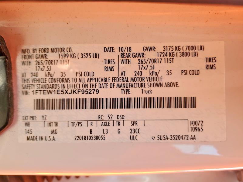 Auction sale of the 2018 Ford F150, vin: 1FTEW1E5XJKF95279, lot number: 62962846