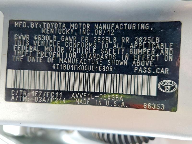 Продаж на аукціоні авто 2012 Toyota Camry Hybrid, vin: 4T1BD1FK0CU046898, номер лоту: 60980006