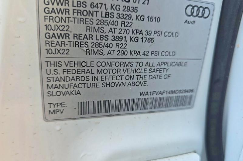 2021 Audi Q8 მანქანა იყიდება აუქციონზე, vin: WA1FVAF14MD026496, აუქციონის ნომერი: 61393366