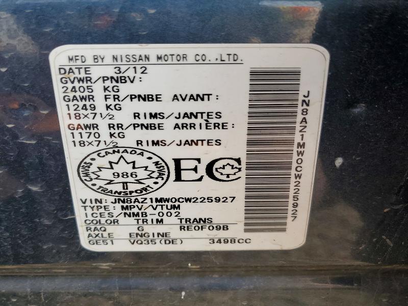 Продаж на аукціоні авто 2012 Nissan Murano, vin: JN8AZ1MW0CW225927, номер лоту: 61989146