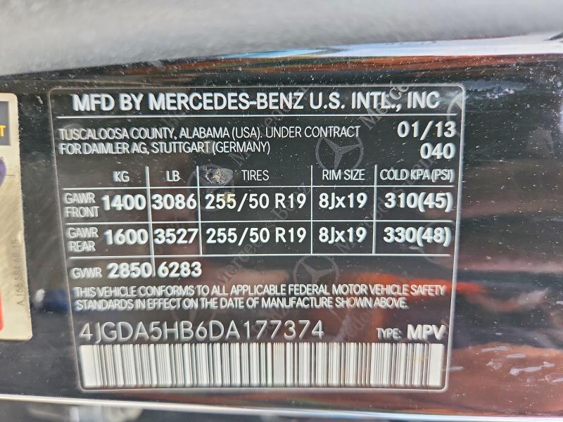 Продажа на аукционе авто 2013 Mercedes-benz Ml, vin: 4JGDA5HB6DA177374, номер лота: 62618586