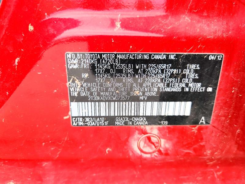 62482316 :رقم المزاد ، 2T3DK4DVXCW073577 vin ، 2012 Toyota Rav4 مزاد بيع