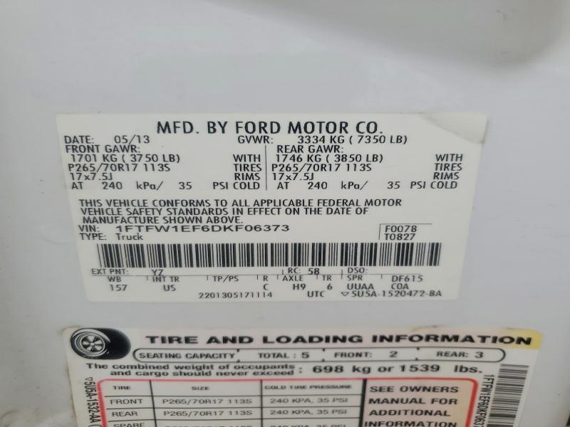 2013 Ford F150 მანქანა იყიდება აუქციონზე, vin: 1FTFW1EF6DKF06373, აუქციონის ნომერი: 63175426
