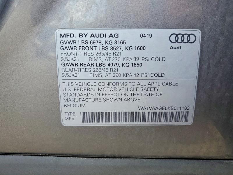 2019 Audi E-tron მანქანა იყიდება აუქციონზე, vin: WA1VAAGE5KB011183, აუქციონის ნომერი: 60485126