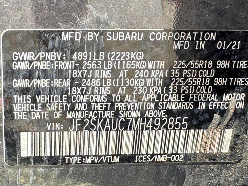 Продаж на аукціоні авто 2021 Subaru Forester, vin: JF2SKAUC7MH492855, номер лоту: 61029296