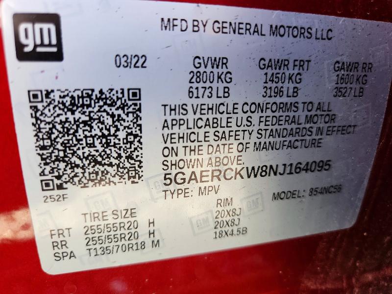 63233516 :رقم المزاد ، 5GAERCKW8NJ164095 vin ، 2022 Buick Enclave مزاد بيع