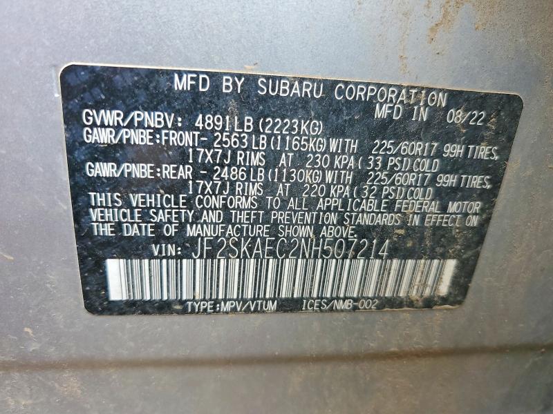 Продаж на аукціоні авто 2022 Subaru Forester, vin: JF2SKAEC2NH507214, номер лоту: 62636456