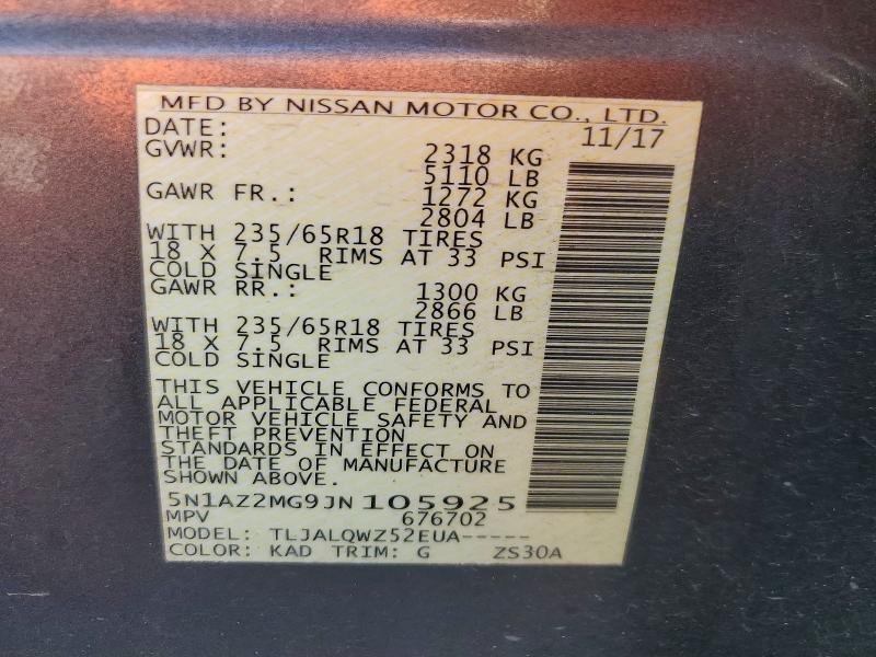 60860676 :رقم المزاد ، 5N1AZ2MG9JN105925 vin ، 2018 Nissan Murano مزاد بيع