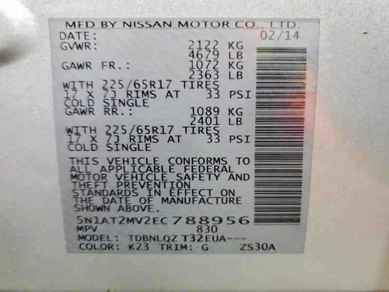 2014 Nissan Rogue მანქანა იყიდება აუქციონზე, vin: 5N1AT2MV2EC788956, აუქციონის ნომერი: 60034026