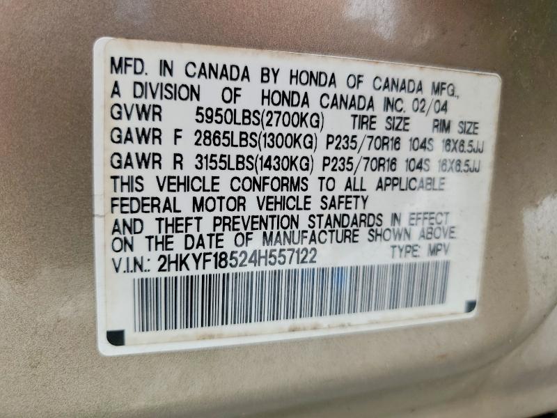 Продажа на аукционе авто 2004 Honda Pilot, vin: 2HKYF18524H557122, номер лота: 62491906