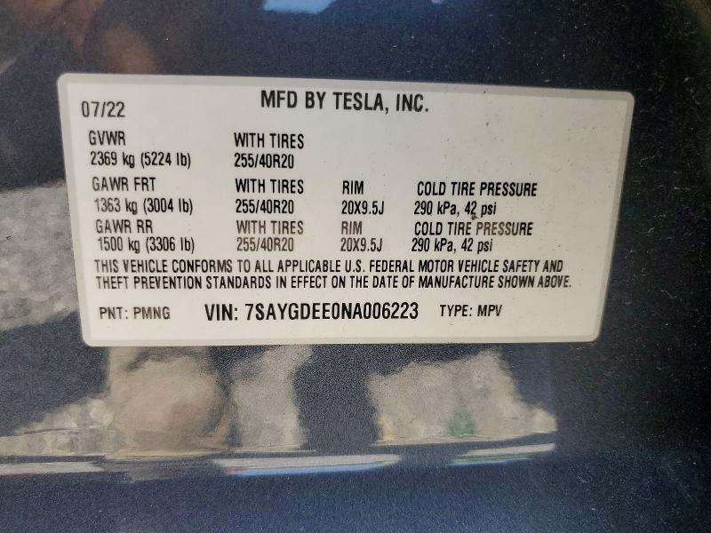 63221466 :رقم المزاد ، 7SAYGDEE0NA006223 vin ، 2022 Tesla Model Y مزاد بيع
