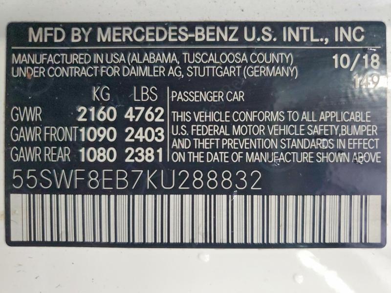 2019 Mercedes-benz C მანქანა იყიდება აუქციონზე, vin: 55SWF8EB7KU288832, აუქციონის ნომერი: 63284066