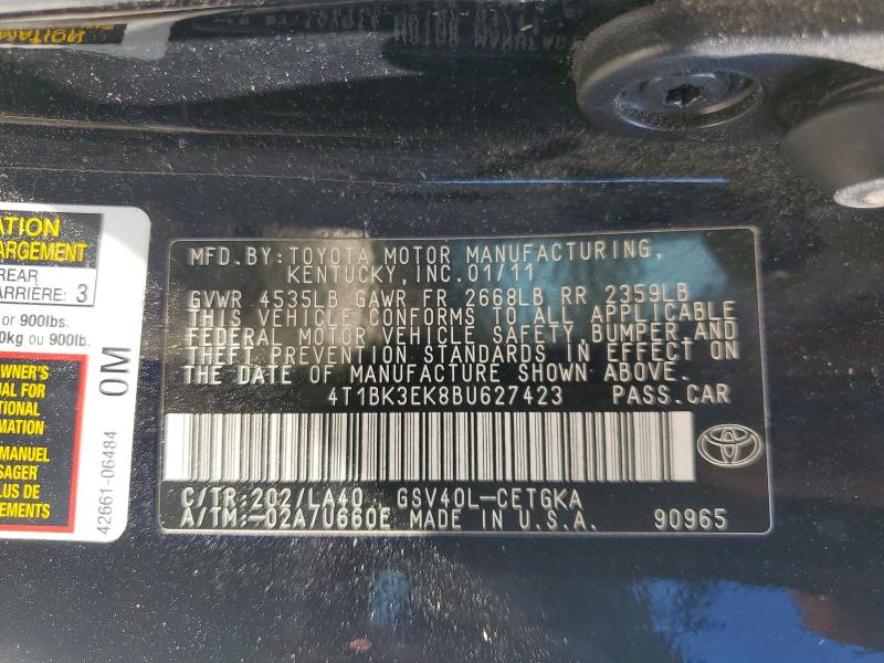 2011 Toyota Camry მანქანა იყიდება აუქციონზე, vin: 4T1BK3EK8BU627423, აუქციონის ნომერი: 60843036