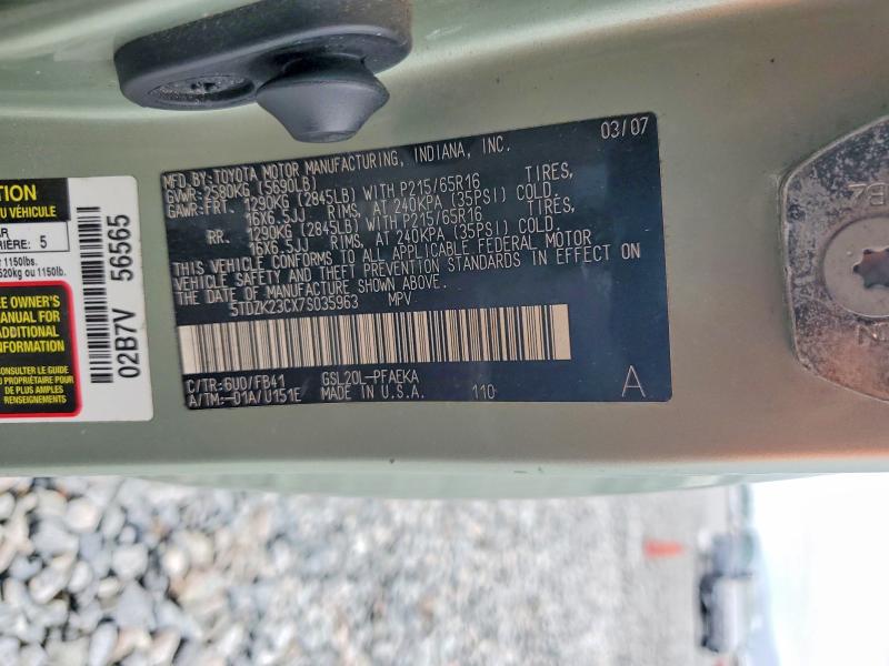 2007 Toyota Sienna მანქანა იყიდება აუქციონზე, vin: 5TDZK23CX7S035963, აუქციონის ნომერი: 63373026
