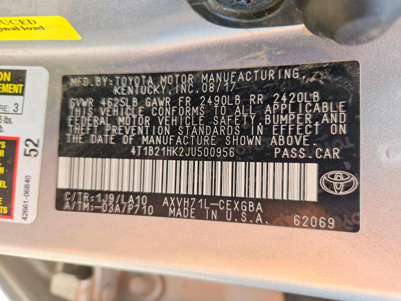 62099776 :رقم المزاد ، 4T1B21HK2JU500956 vin ، 2018 Toyota Camry Hybrid مزاد بيع