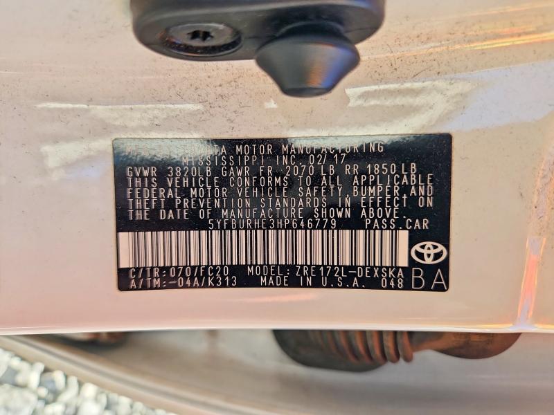 2017 Toyota Corolla მანქანა იყიდება აუქციონზე, vin: 5YFBURHE3HP646779, აუქციონის ნომერი: 61533596