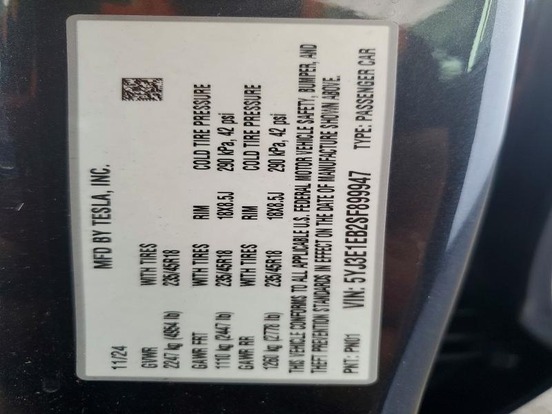 48987946 :رقم المزاد ، 5YJ3E1EB2SF899947 vin ، 2025 Tesla Model 3 مزاد بيع